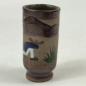 Vtg Tonala Mexican Folk Art Pottery Bud Vase Hand Painted Desert Campesino Scene